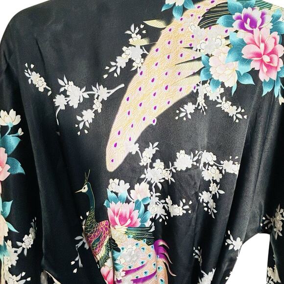 Kim + Ono Kimono Silky Maxi Robe Womens Floral Exotic Peacock Leisure Loungewear - Picture 5 of 16